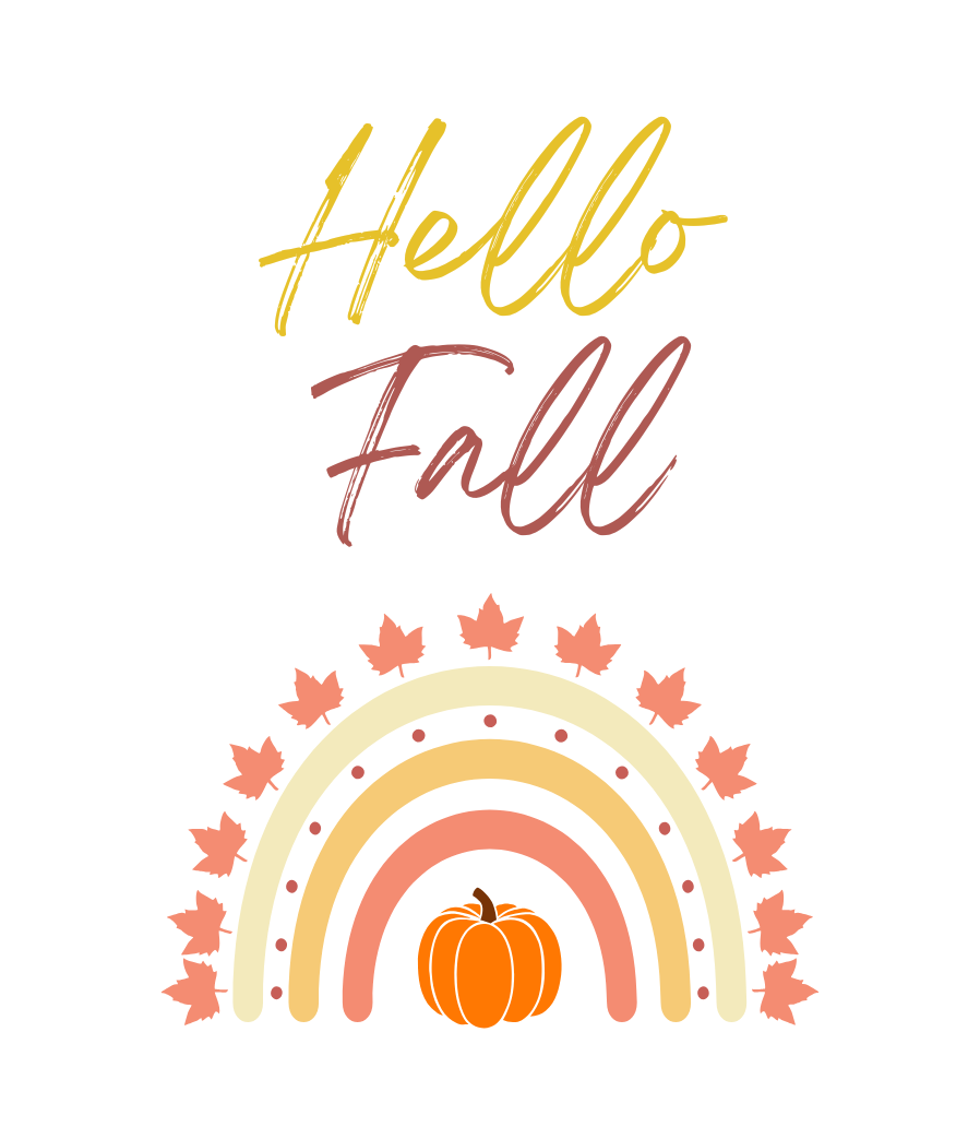 Etykieta „Hello Fall” świecy Pumpkin Spice: jesienna tęcza z liśćmi klonu i dynią