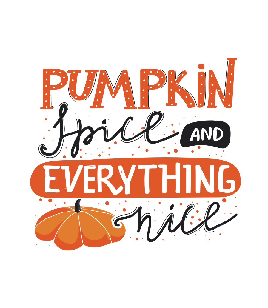 Etykieta świecy Pumpkin Spice „Pumpkin Spice and everything nice”: pomarańczowo-czarne rysowane litery z dynią