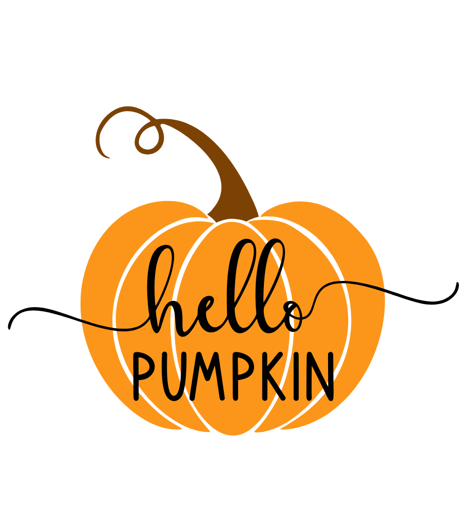 Etykieta świecy Pumpkin Spice „hello PUMPKIN”: duża pomarańczowa dynia z napisem w środku