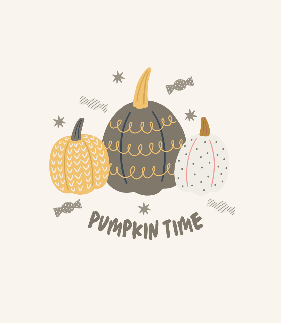 Etykieta świecy Pumpkin Spice „Pumpkin time”: trzy stylizowane dynie z gwiazdkami i cukierkami