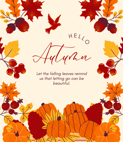 Etykieta świecy Pumpkin Spice „Hello Autumn”: jesienny wieniec z liści i dyń z angielskim cytatem