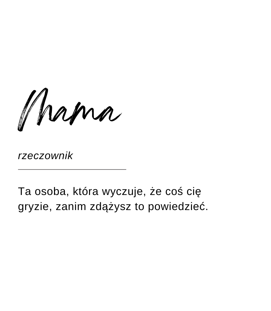 Projekt etykiety świecy Kiskedves w formie hasła słownikowego: „Mama, rzeczownik – Ta osoba, która wyczuje, że coś cię gryzie, zanim zdążysz to powiedzieć.”