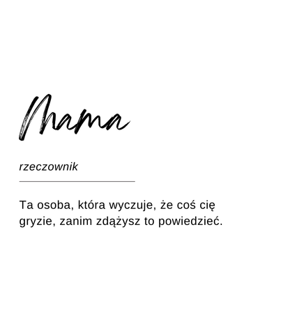 Projekt etykiety świecy Kiskedves w formie hasła słownikowego: „Mama, rzeczownik – Ta osoba, która wyczuje, że coś cię gryzie, zanim zdążysz to powiedzieć.”