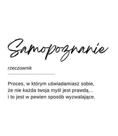 Projekt etykiety świecy Kiskedves w formie hasła słownikowego: „Samopoznanie, rzeczownik – Proces, w którym uświadamiasz sobie, że nie każda twoja myśl jest prawdą… i to jest w pewien sposób wyzwalające.”