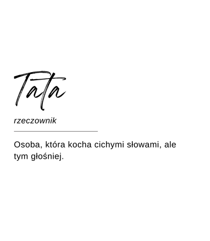 Projekt etykiety świecy Kiskedves w formie hasła słownikowego: „Tata, rzeczownik – Osoba, która kocha cichymi słowami, ale tym głośniej.”