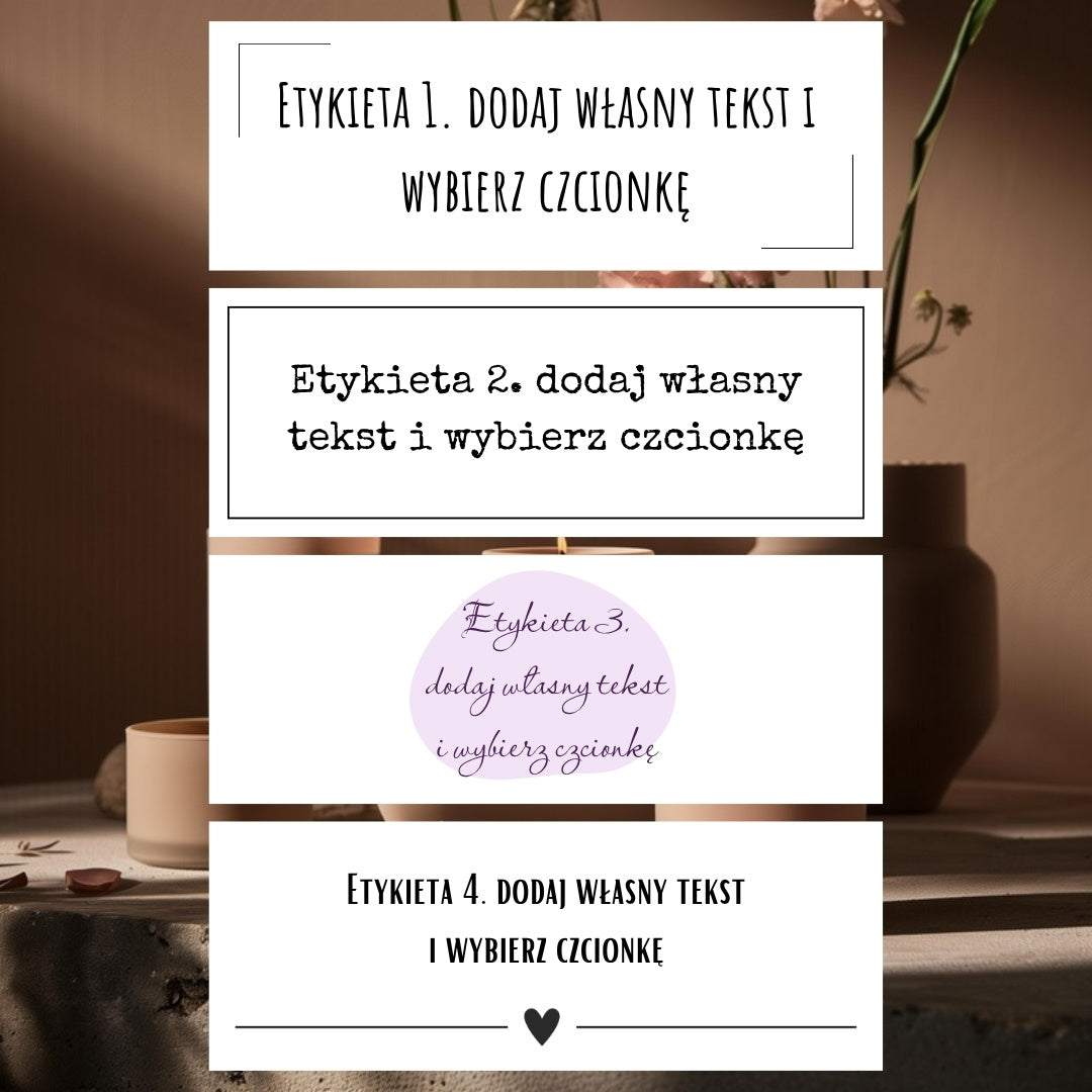 Cztery style etykiet Kiskedves – próbki czcionek, na każdej „Etykieta 1.–4. dodaj własny tekst i wybierz czcionkę”