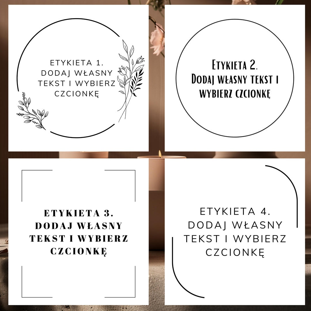 Style etykiet dyfuzora Kiskedves, wzory 1.–4. – na każdym „dodaj własny tekst i wybierz czcionkę”