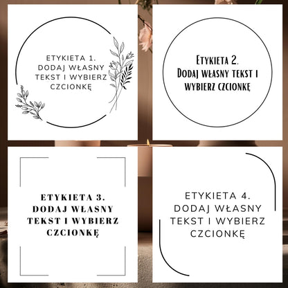 Style etykiet dyfuzora Kiskedves, wzory 1.–4. – na każdym „dodaj własny tekst i wybierz czcionkę”
