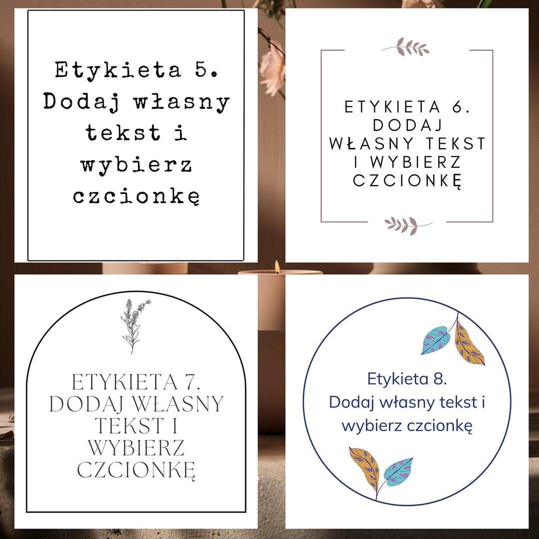 Style etykiet dyfuzora Kiskedves, wzory 5.–8. – na każdym „dodaj własny tekst i wybierz czcionkę”