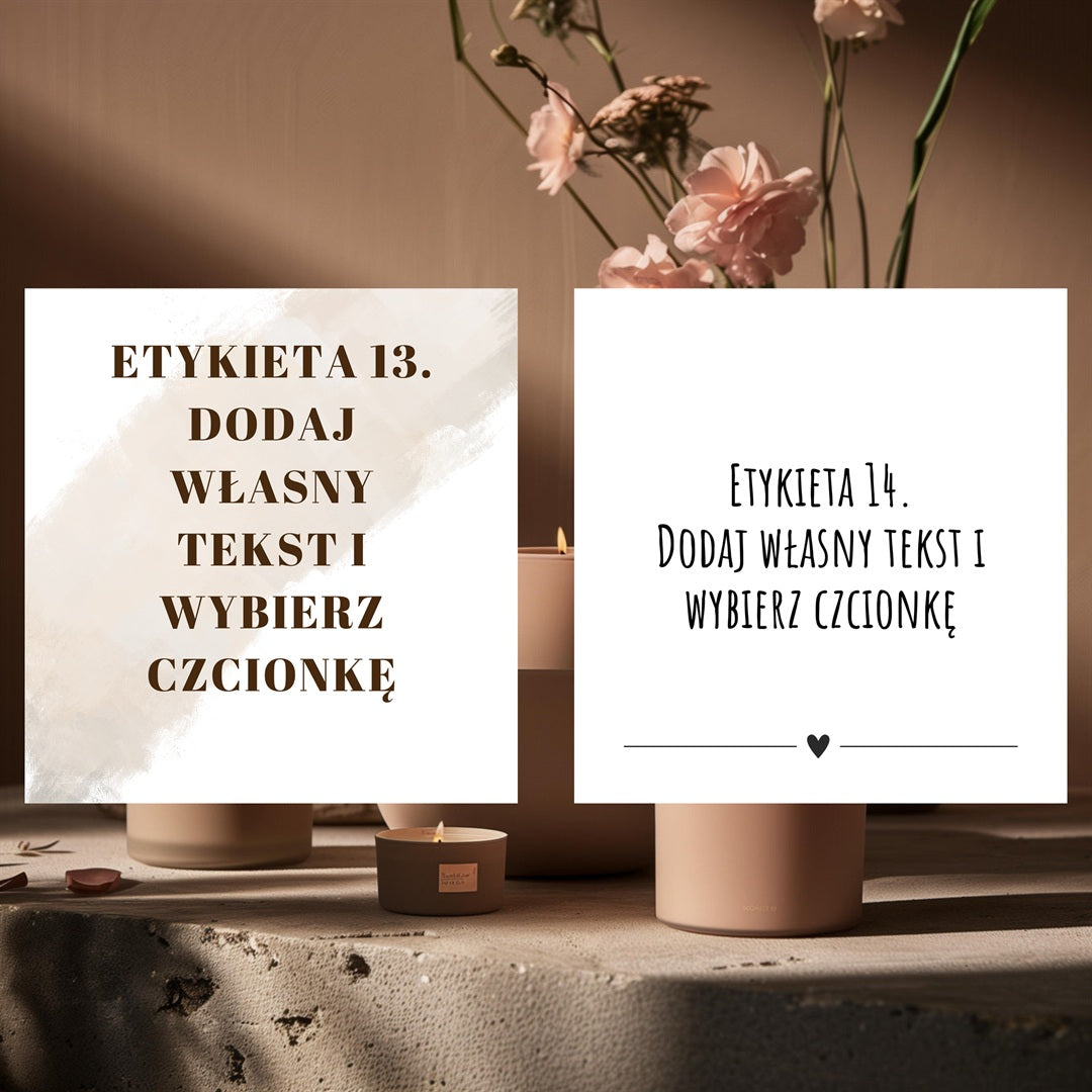 Style etykiet dyfuzora Kiskedves, wzory 13.–14. – na każdym „dodaj własny tekst i wybierz czcionkę”