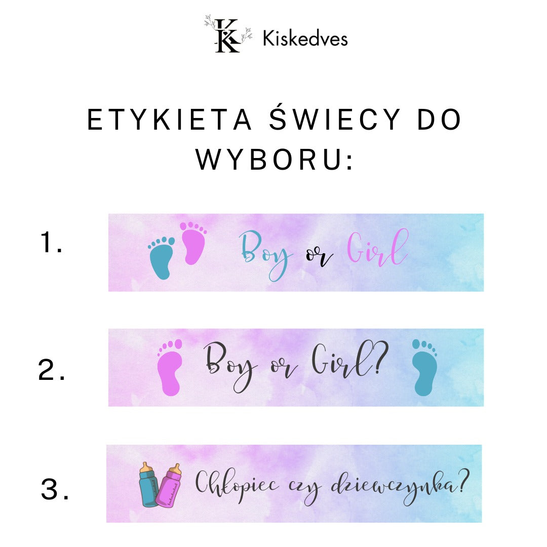Trzy etykiety świecy do wyboru: „Boy or Girl”, „Boy or Girl?” i „Chłopiec czy dziewczynka?” – z odciskami stópek niemowlęcia lub z butelkami do karmienia