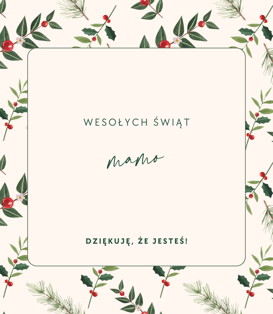 Etykieta świecy Kiskedves: kremowe tło z akwarelową ramką z ostrokrzewu i sosny, w środku napis Wesołych Świąt, pod nim odręcznie pisane imię, a na dole krótka wiadomość