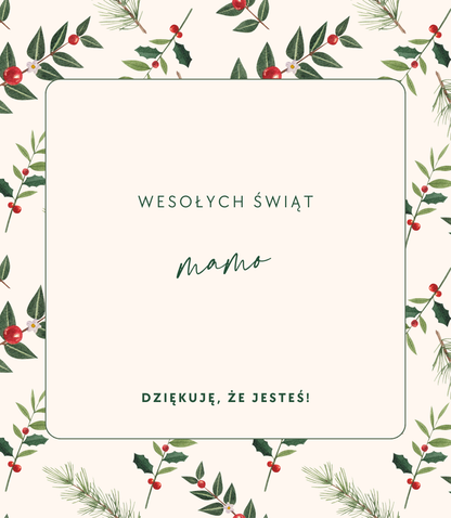 Etykieta świecy Kiskedves: kremowe tło z akwarelową ramką z ostrokrzewu i sosny, w środku napis Wesołych Świąt, pod nim odręcznie pisane imię, a na dole krótka wiadomość