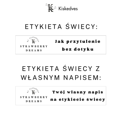 Dwa warianty etykiety świecy Strawberry Dreams Kiskedves: z gotowym napisem i z własnym tekstem