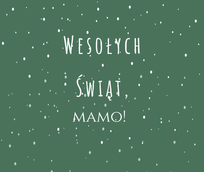 Etykieta świecy Kiskedves na zielonym tle w białe śnieżynki: odręczny napis Wesołych Świąt, a pod nim wybrane imię