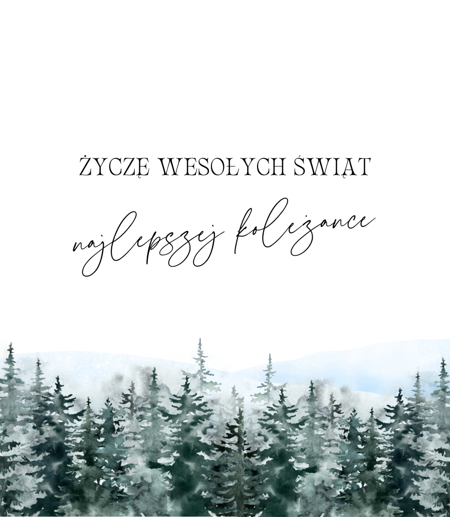 Etykieta świecy Kiskedves: białe tło z akwarelowym zimowym lasem iglastym przy dolnej krawędzi, nad nim napis Życzę wesołych świąt, a pod nim pismo odręczne