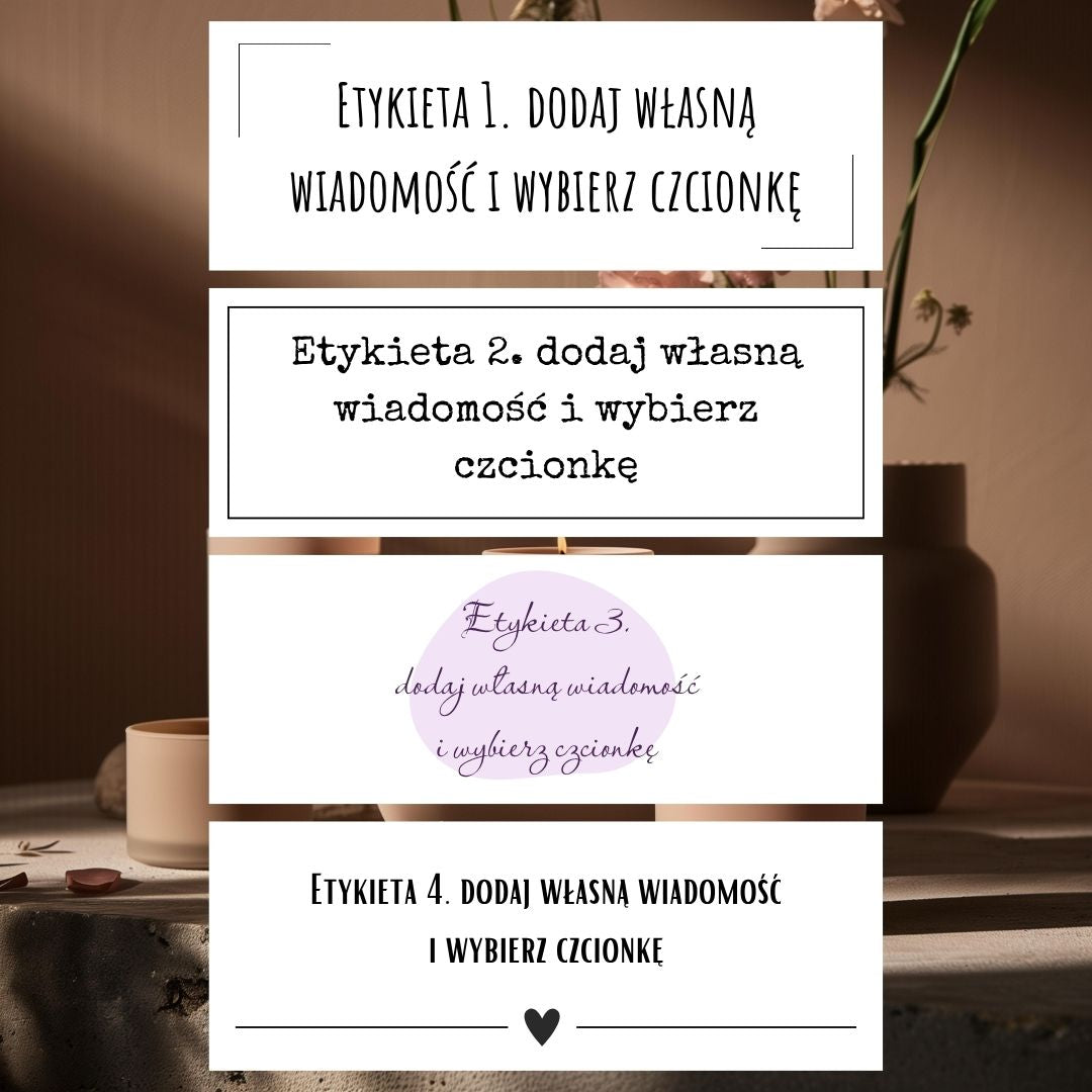 Cztery style etykiet Kiskedves – przykłady czcionek, na każdej „Etykieta 1.–4. dodaj własną wiadomość i wybierz czcionkę”